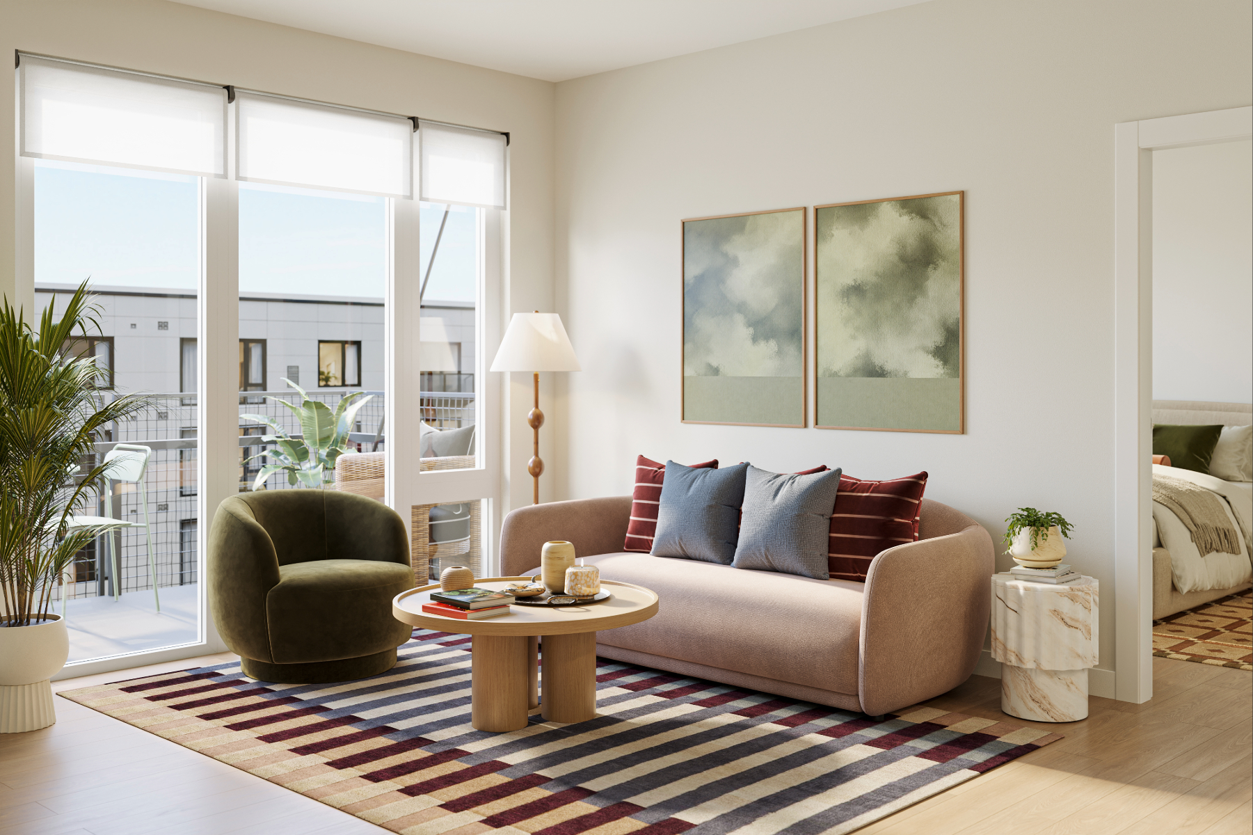 Living room with tall ceilings and balcony